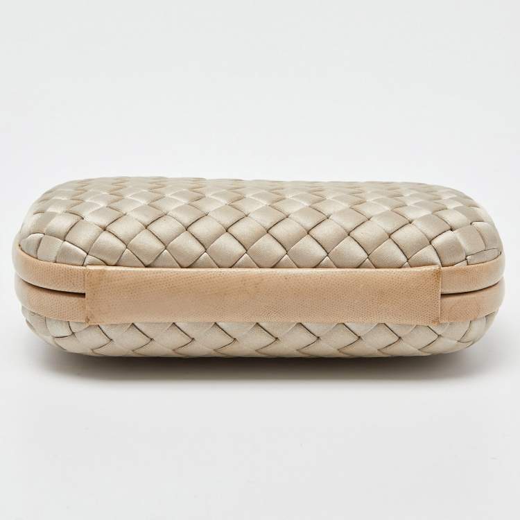 Pre Owned Bottega Veneta Cream Intrecciato Satin and Watersnake Knot Clutch