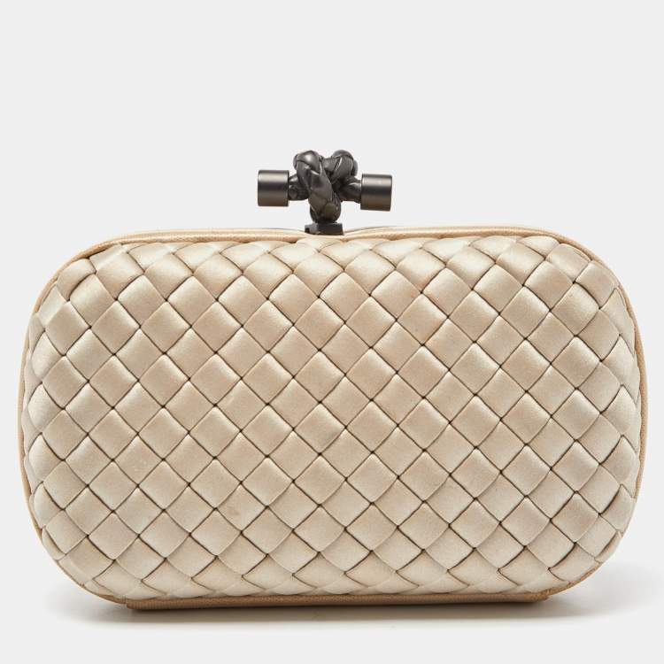 Pre Owned Bottega Veneta Cream Intrecciato Satin and Watersnake Knot Clutch