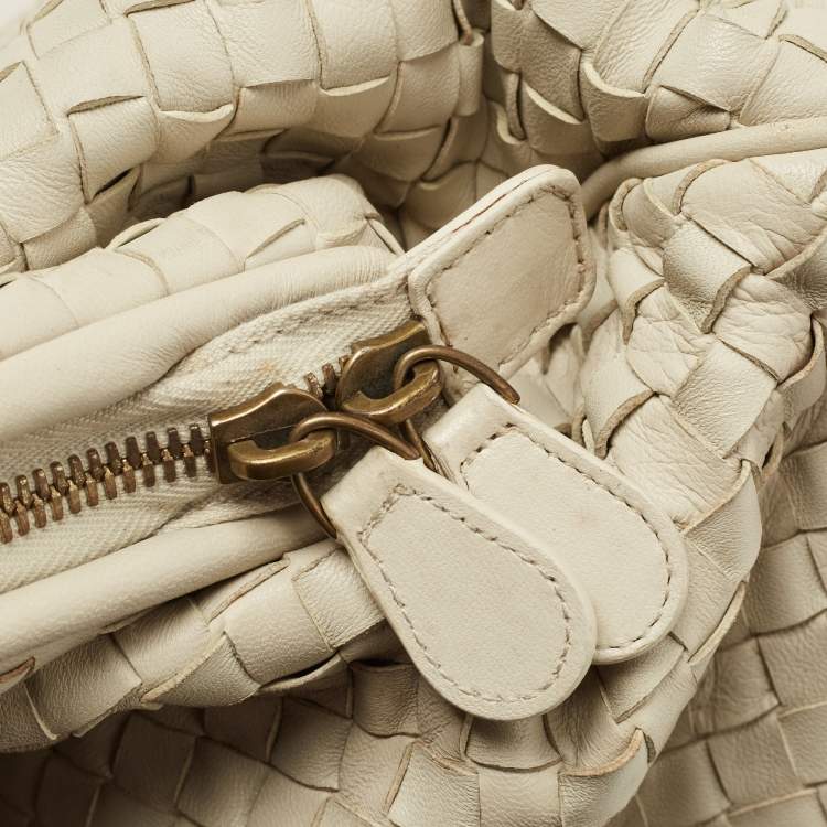 Pre Owned Bottega Veneta Off White Intrecciato Leather Large Top Frame Satchel