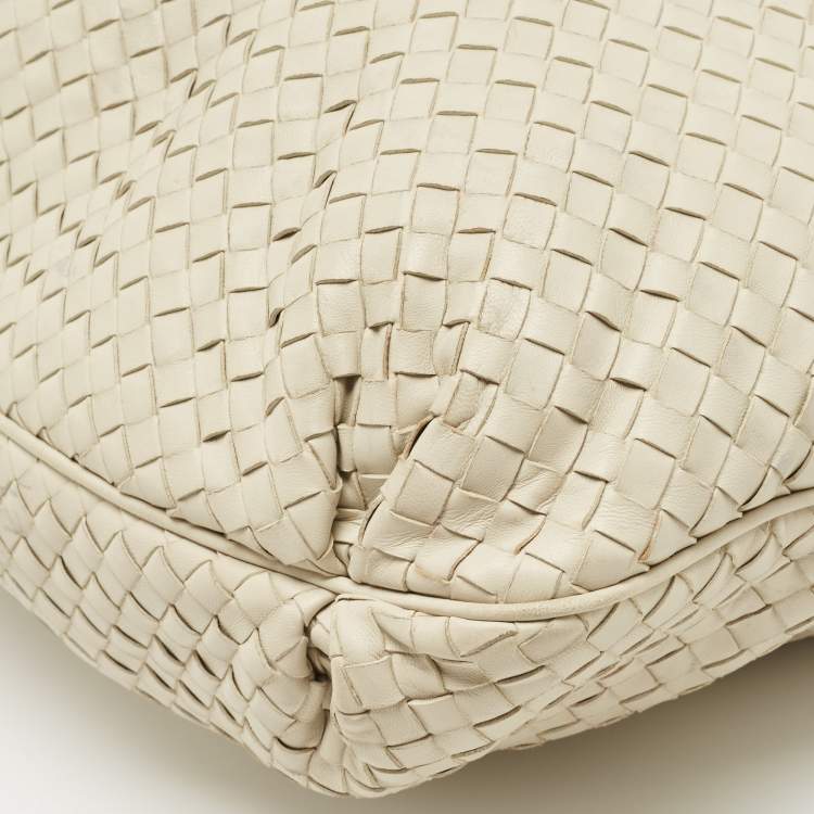 Pre Owned Bottega Veneta Off White Intrecciato Leather Large Top Frame Satchel