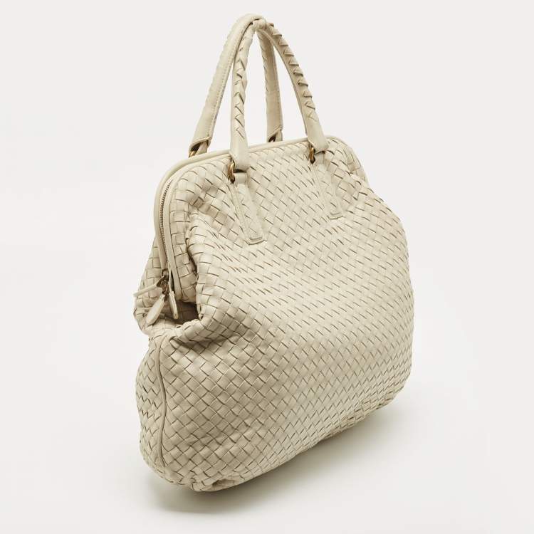 Pre Owned Bottega Veneta Off White Intrecciato Leather Large Top Frame Satchel