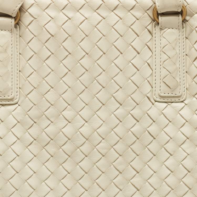 Pre Owned Bottega Veneta Off White Intrecciato Leather Large Top Frame Satchel