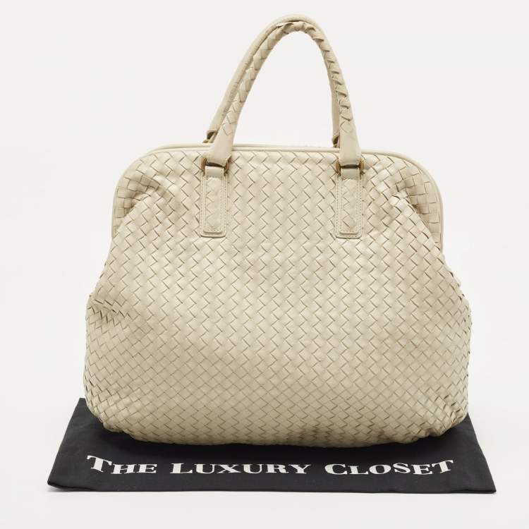 Pre Owned Bottega Veneta Off White Intrecciato Leather Large Top Frame Satchel