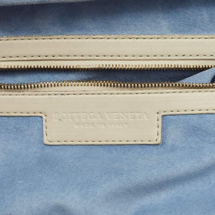 Pre Owned Bottega Veneta Off White Intrecciato Leather Large Top Frame Satchel