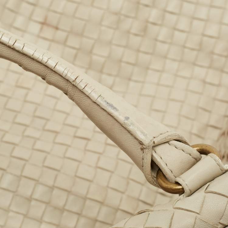 Pre Owned Bottega Veneta Off White Intrecciato Leather Large Top Frame Satchel