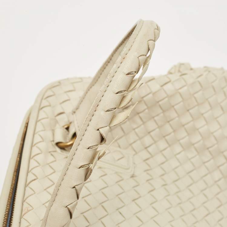 Pre Owned Bottega Veneta Off White Intrecciato Leather Large Top Frame Satchel