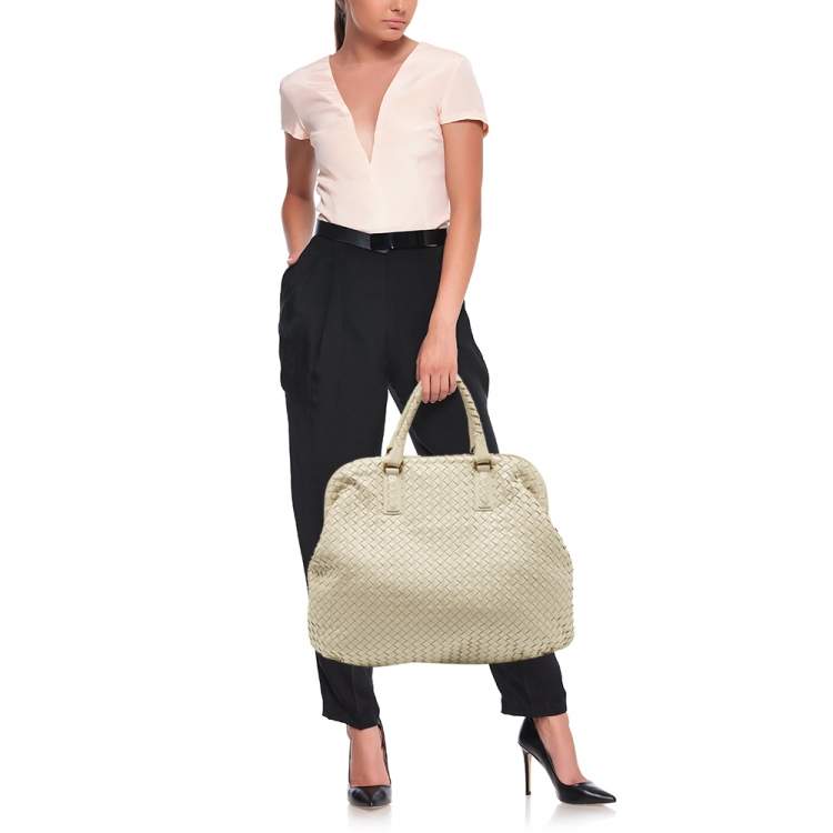 Pre Owned Bottega Veneta Off White Intrecciato Leather Large Top Frame Satchel