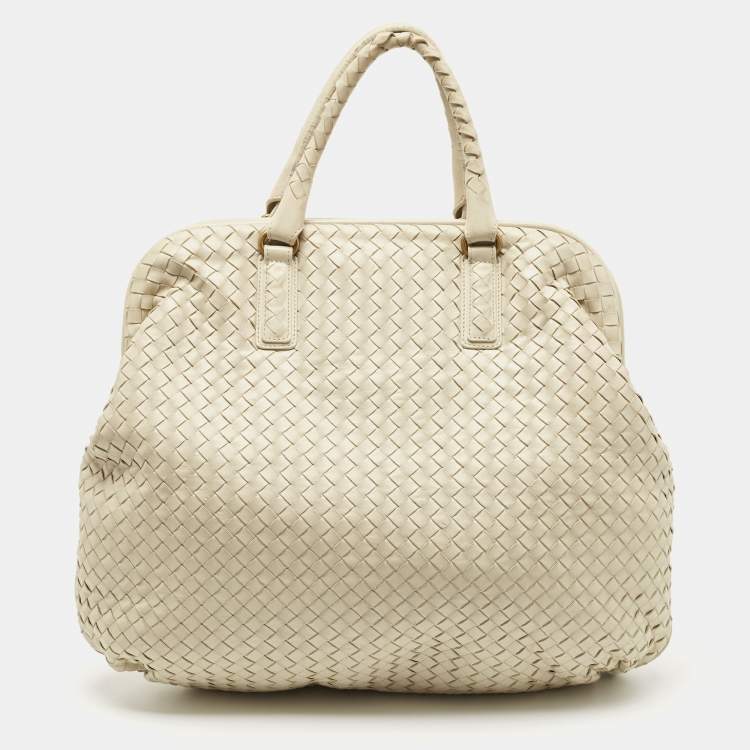 Pre Owned Bottega Veneta Off White Intrecciato Leather Large Top Frame Satchel