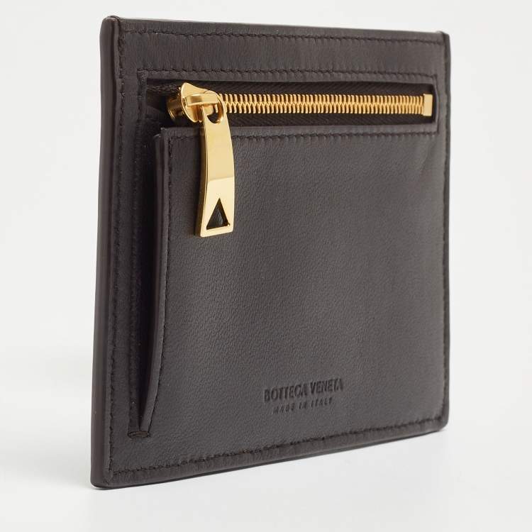 Pre Owned Bottega Veneta Brown Intrecciato Leather Zip Card Holder 