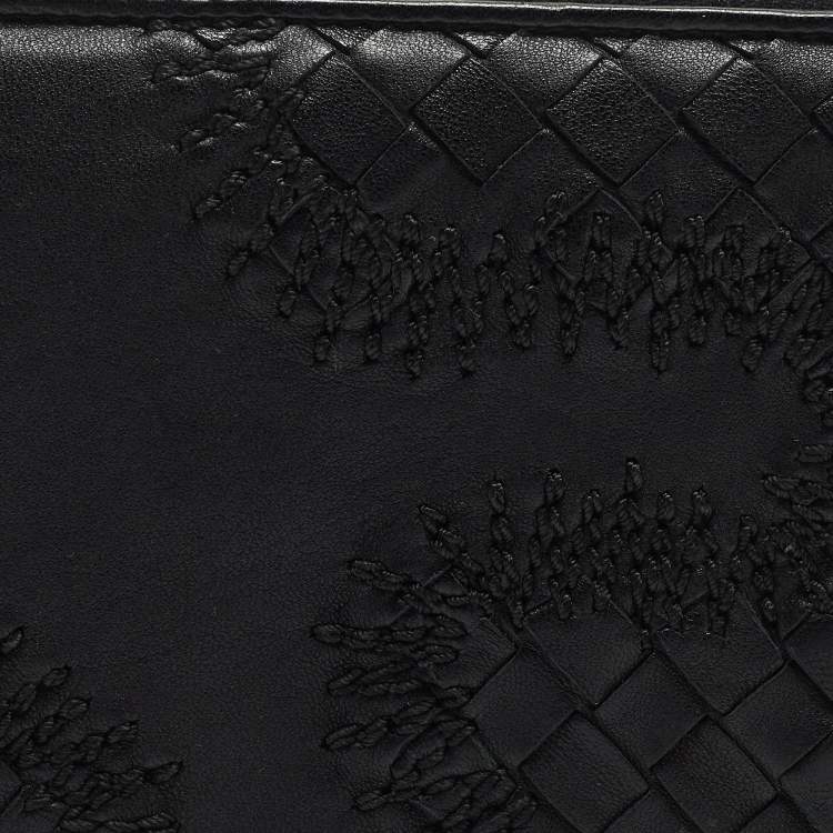 Pre Owned Bottega Veneta Black Intrecciato Leather Wildstitch Zip Around Wallet