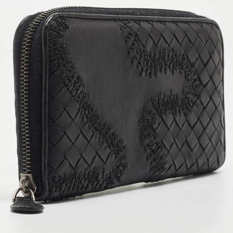 Pre Owned Bottega Veneta Black Intrecciato Leather Wildstitch Zip Around Wallet
