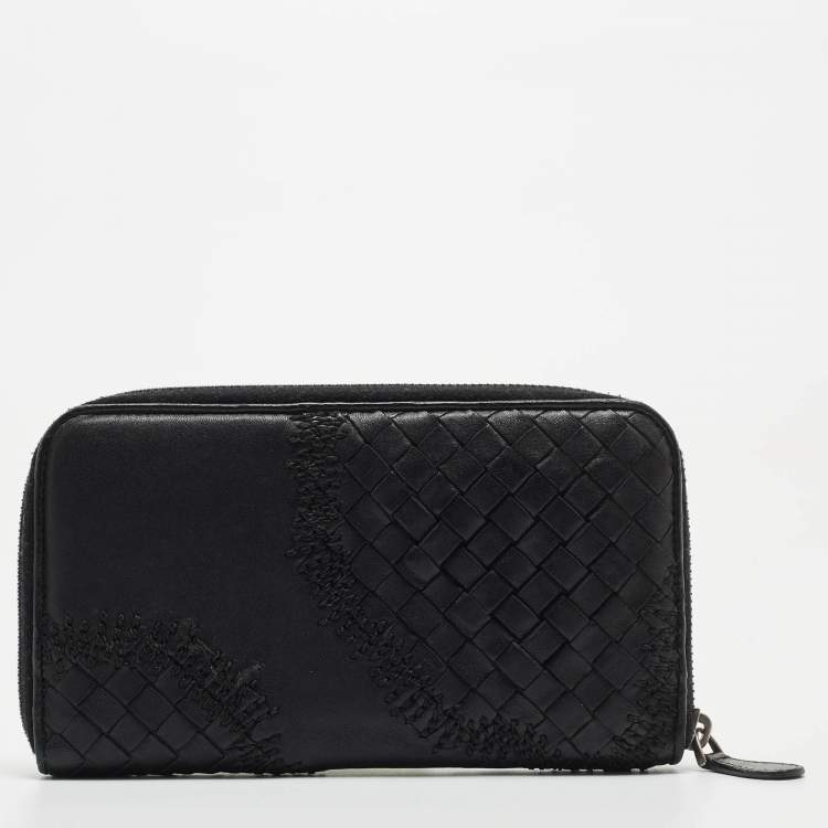 Pre Owned Bottega Veneta Black Intrecciato Leather Wildstitch Zip Around Wallet