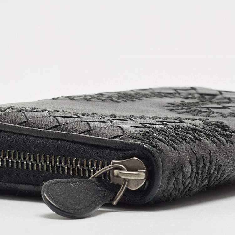 Pre Owned Bottega Veneta Black Intrecciato Leather Wildstitch Zip Around Wallet