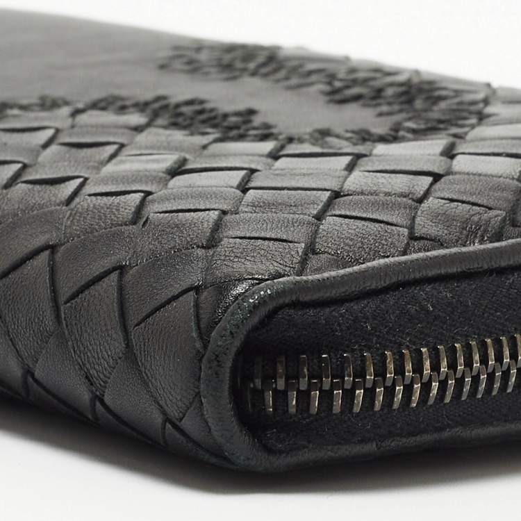 Pre Owned Bottega Veneta Black Intrecciato Leather Wildstitch Zip Around Wallet