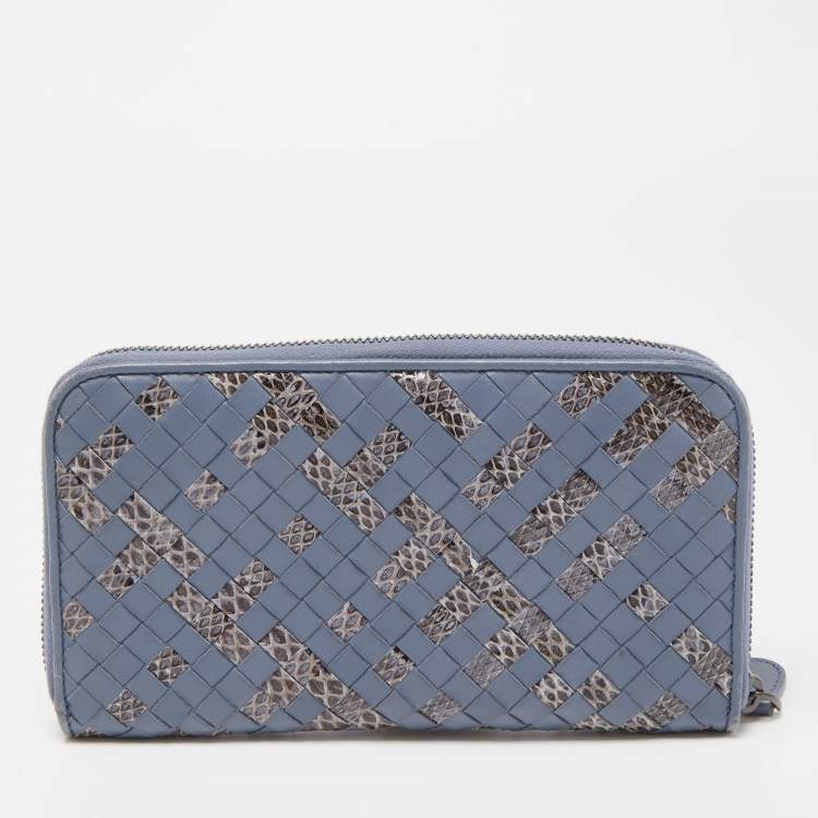 Pre Owned Bottega Veneta Light Blue Intrecciato Leather and Watersnake Zip Around Continental Wallet
