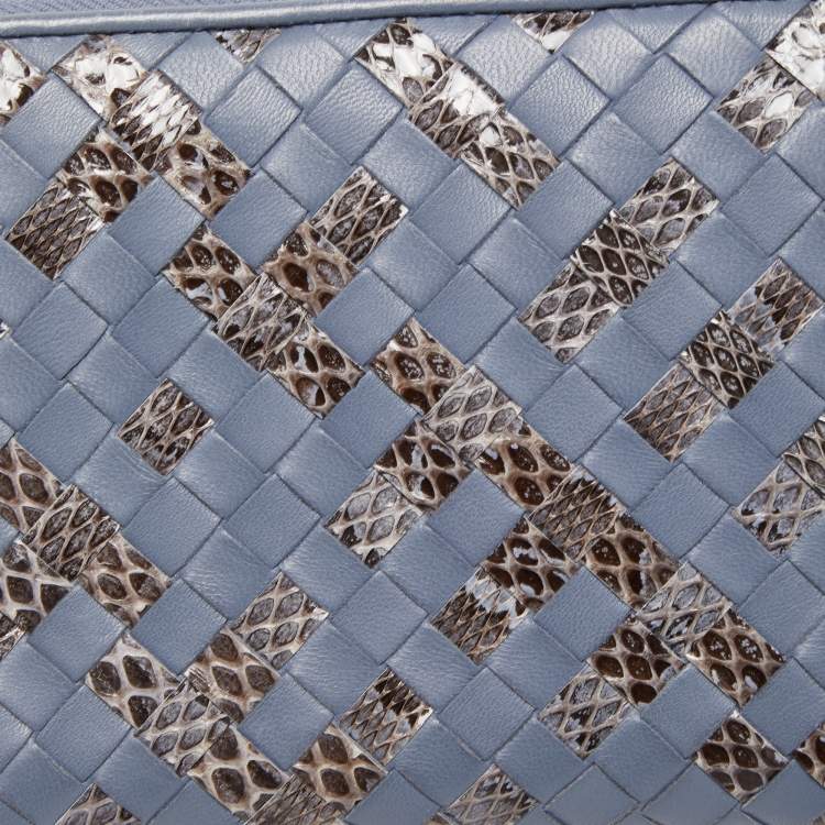 Pre Owned Bottega Veneta Light Blue Intrecciato Leather and Watersnake Zip Around Continental Wallet