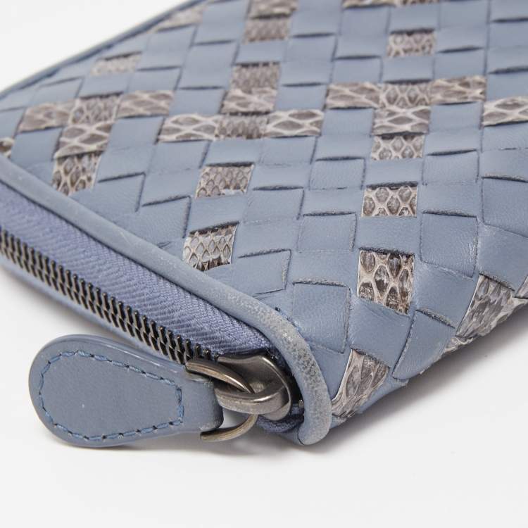 Pre Owned Bottega Veneta Light Blue Intrecciato Leather and Watersnake Zip Around Continental Wallet