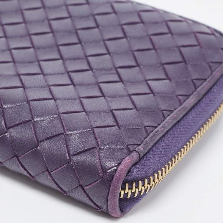 Pre Owned Bottega Veneta Purple Intrecciato Leather Zip Around Wallet