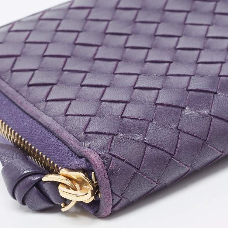 Pre Owned Bottega Veneta Purple Intrecciato Leather Zip Around Wallet
