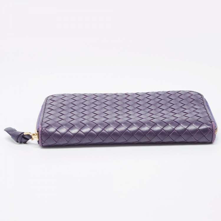 Pre Owned Bottega Veneta Purple Intrecciato Leather Zip Around Wallet