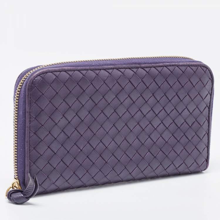 Pre Owned Bottega Veneta Purple Intrecciato Leather Zip Around Wallet