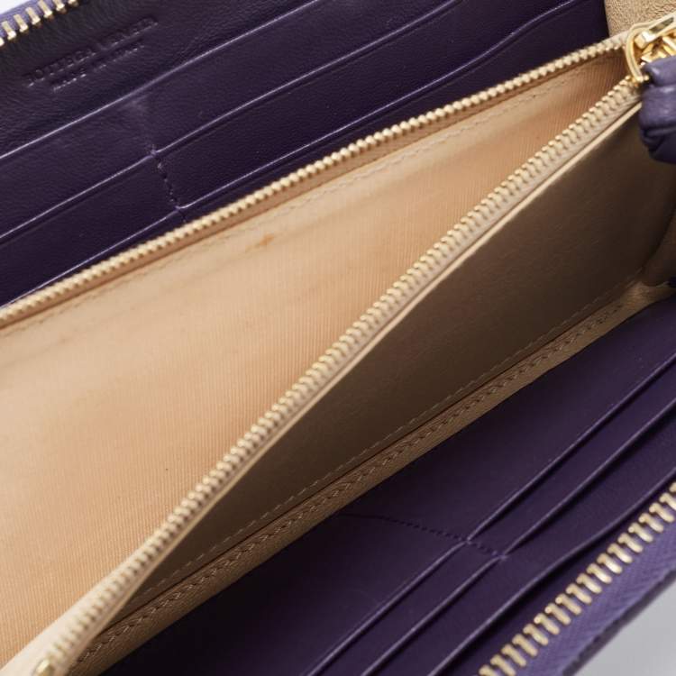 Pre Owned Bottega Veneta Purple Intrecciato Leather Zip Around Wallet