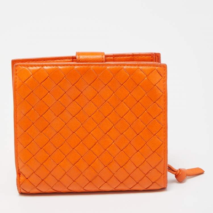 Pre Owned Bottega Veneta Orange Intrecciato Leather Bifold Zip Wallet