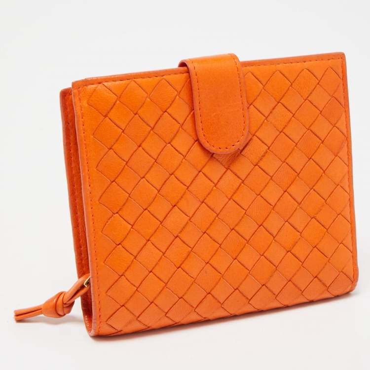 Pre Owned Bottega Veneta Orange Intrecciato Leather Bifold Zip Wallet
