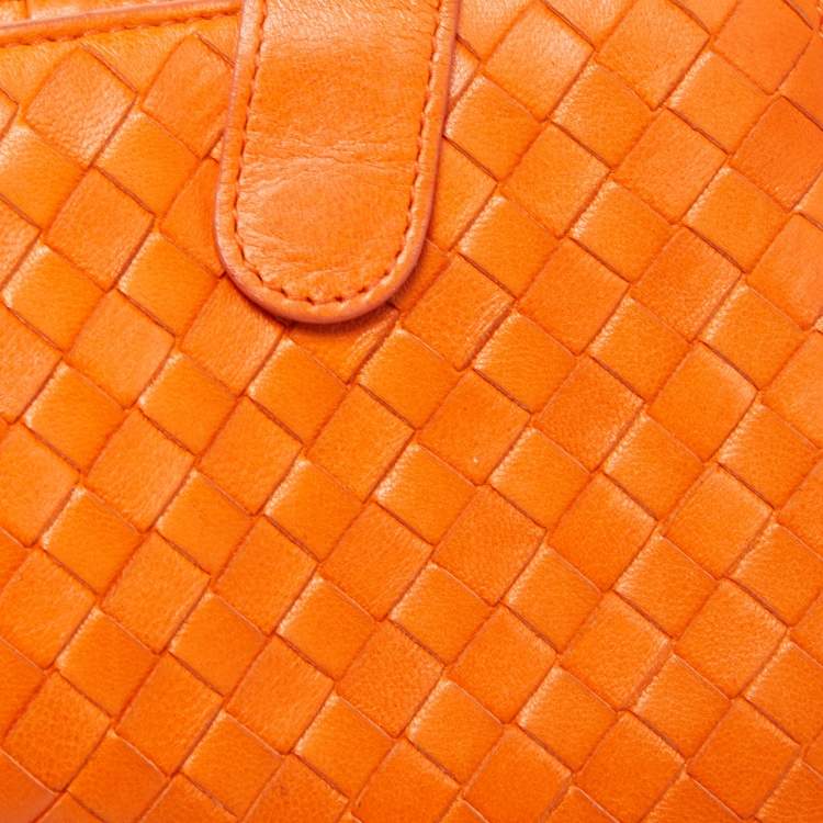 Pre Owned Bottega Veneta Orange Intrecciato Leather Bifold Zip Wallet