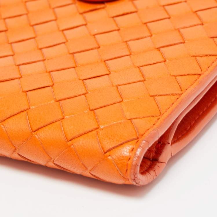 Pre Owned Bottega Veneta Orange Intrecciato Leather Bifold Zip Wallet