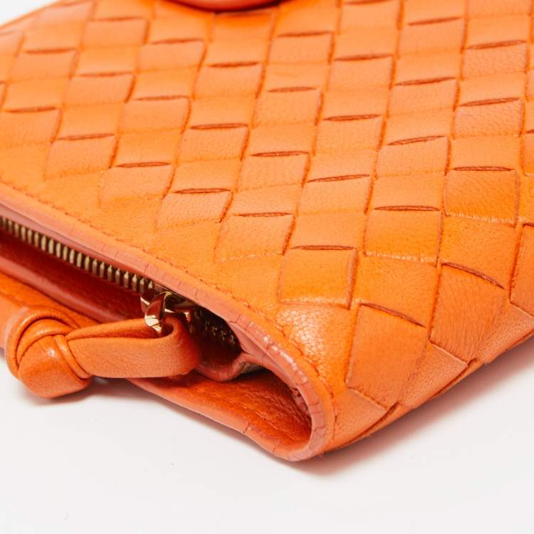 Pre Owned Bottega Veneta Orange Intrecciato Leather Bifold Zip Wallet