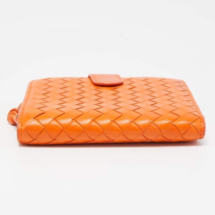Pre Owned Bottega Veneta Orange Intrecciato Leather Bifold Zip Wallet