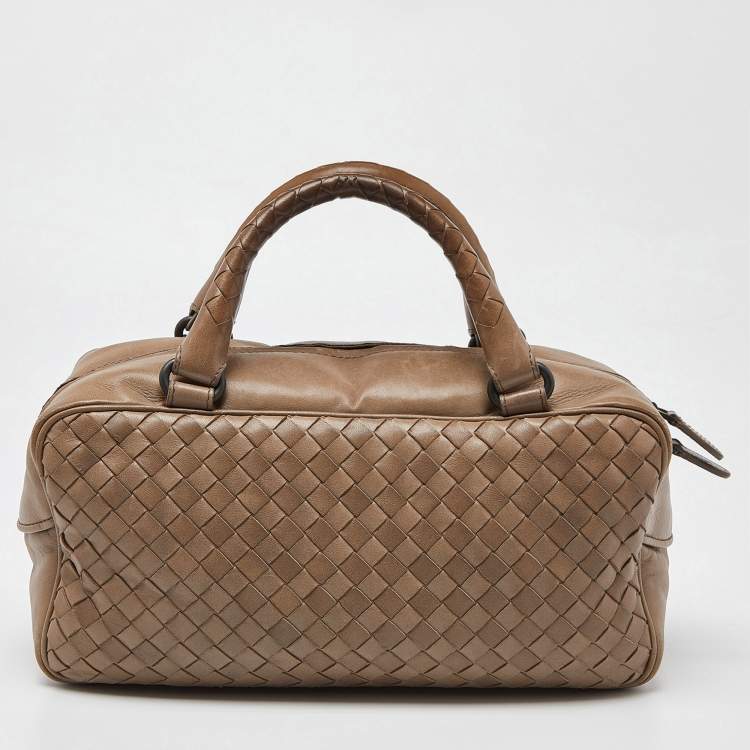 Pre Owned Bottega Veneta Beige Intrecciato Leather Boston Bag