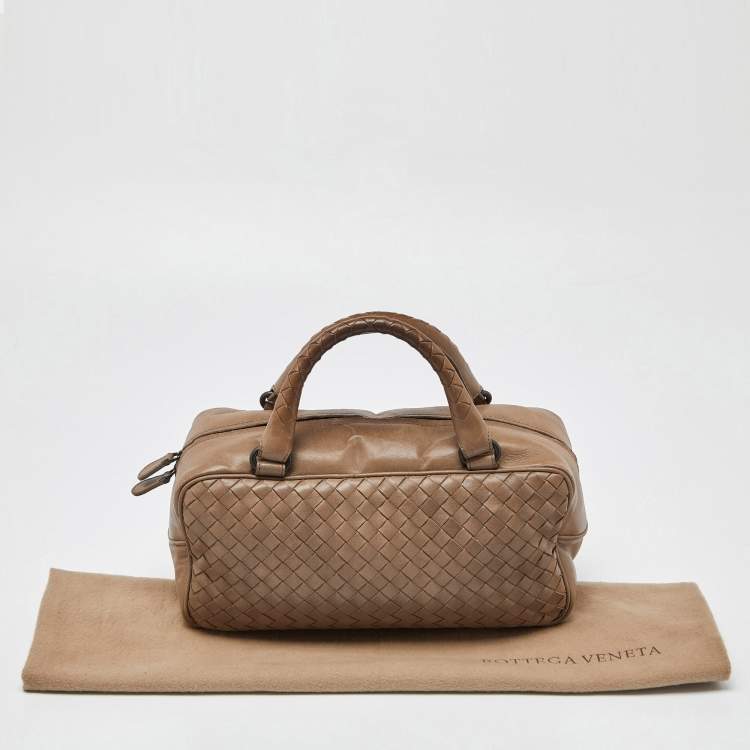 Pre Owned Bottega Veneta Beige Intrecciato Leather Boston Bag