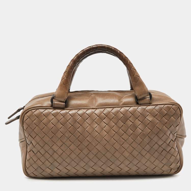 Pre Owned Bottega Veneta Beige Intrecciato Leather Boston Bag