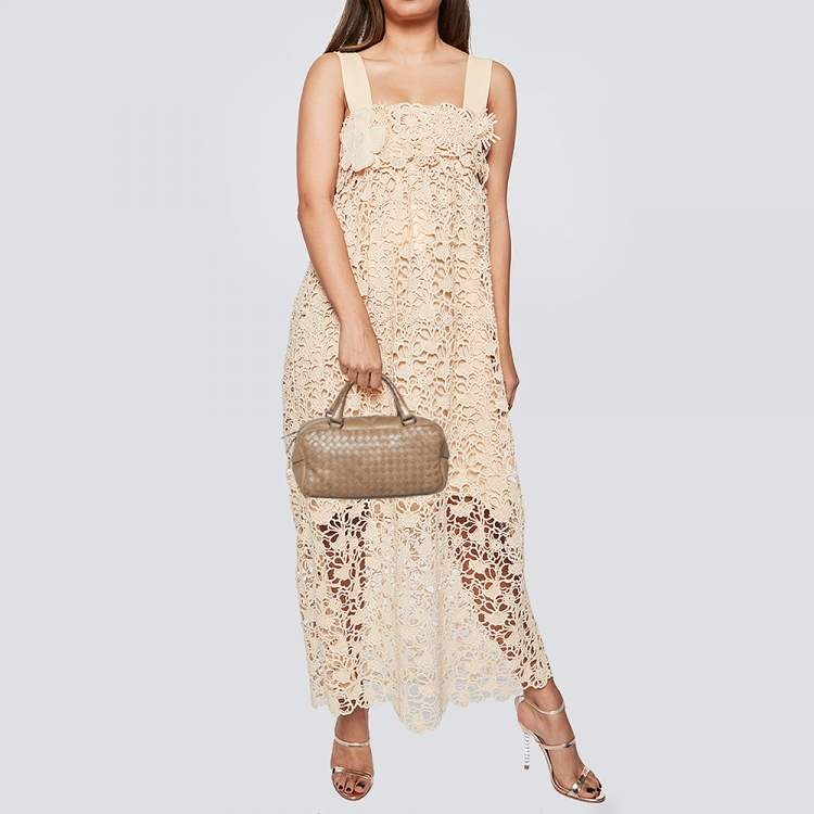 Pre Owned Bottega Veneta Beige Intrecciato Leather Boston Bag