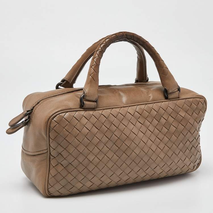 Pre Owned Bottega Veneta Beige Intrecciato Leather Boston Bag