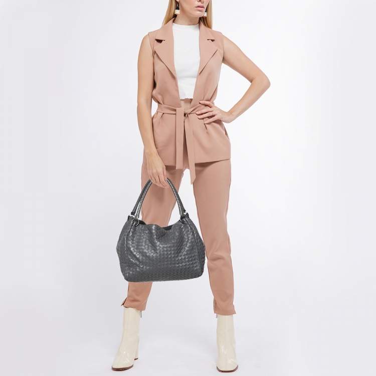 Pre Owned Bottega Veneta Grey Intrecciato Leather Shoulder Bag