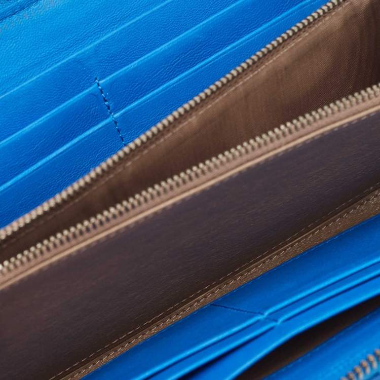 Pre Owned Bottega Veneta Blue Intrecciato Leather Zip Around Wallet