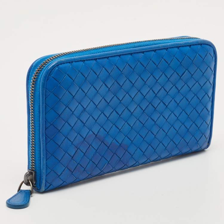 Pre Owned Bottega Veneta Blue Intrecciato Leather Zip Around Wallet