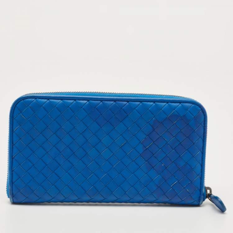 Pre Owned Bottega Veneta Blue Intrecciato Leather Zip Around Wallet