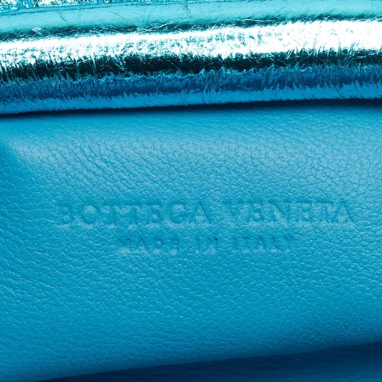 Pre Owned Bottega Veneta Metallic Blue Leather Extra Mini The Pouch 