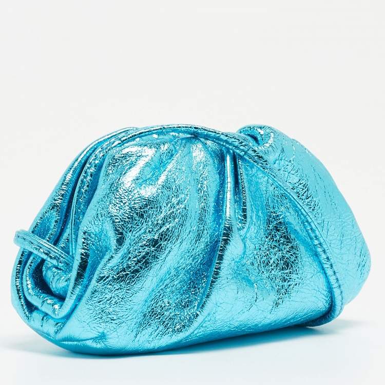 Pre Owned Bottega Veneta Metallic Blue Leather Extra Mini The Pouch 