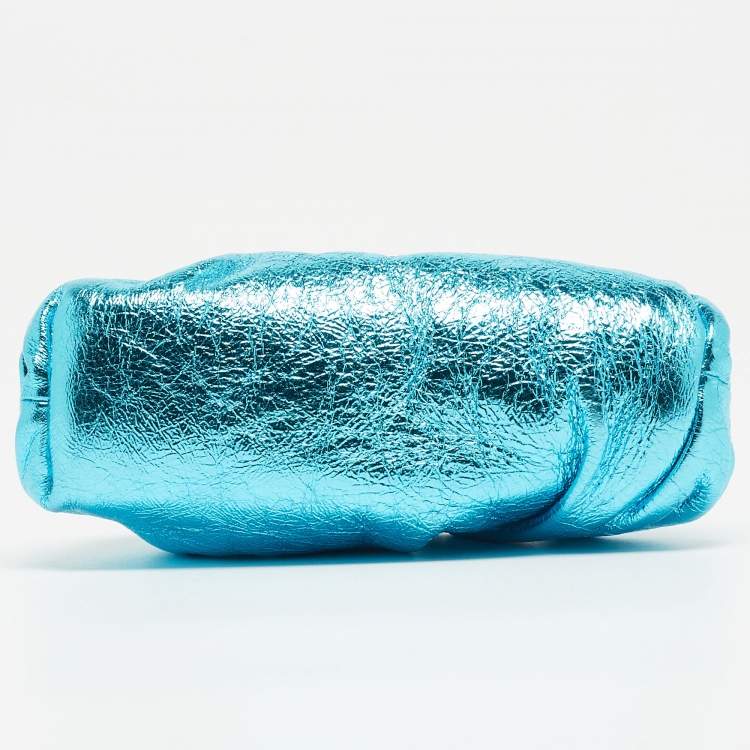 Pre Owned Bottega Veneta Metallic Blue Leather Extra Mini The Pouch 