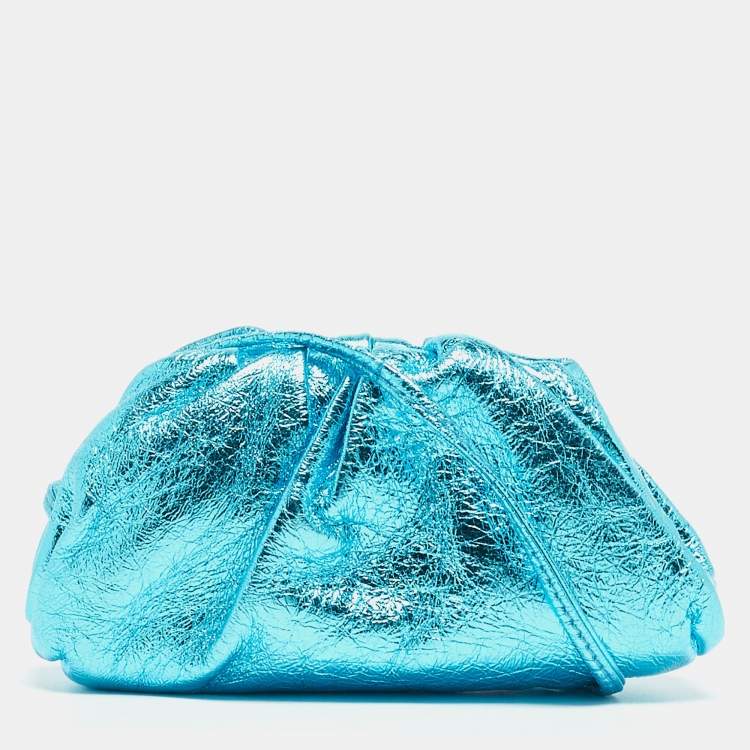 Pre Owned Bottega Veneta Metallic Blue Leather Extra Mini The Pouch 