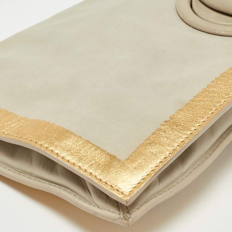 Pre Owned Bottega Veneta Grey/Gold Leather Twist Lock Flap Clutch