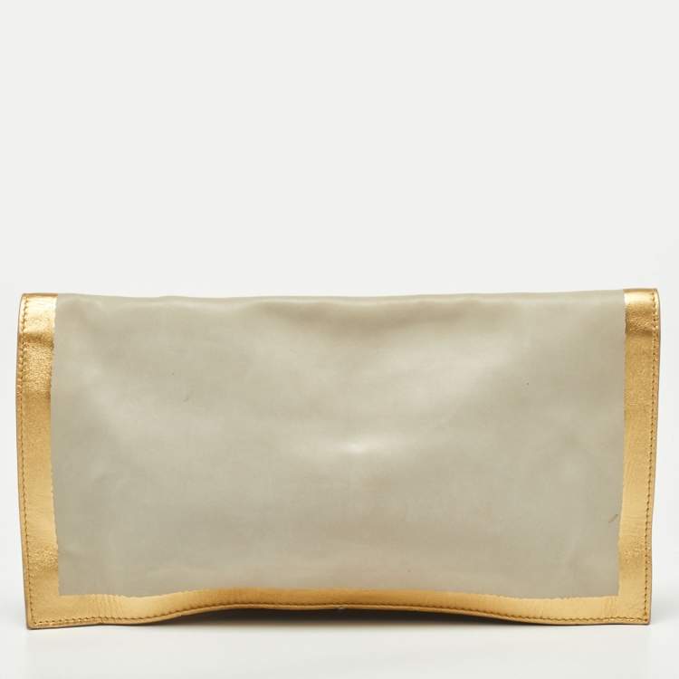 Pre Owned Bottega Veneta Grey/Gold Leather Twist Lock Flap Clutch