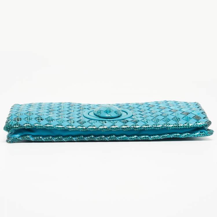 Pre Owned Bottega Veneta Light Blue Intrecciato Leather and Watersnake Twist Lock Flap Clutch