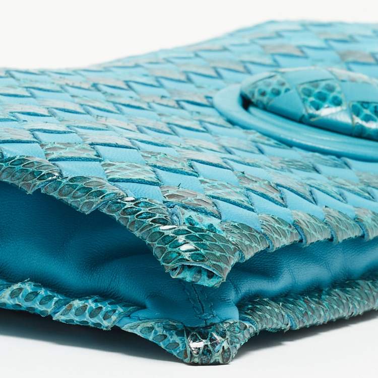 Pre Owned Bottega Veneta Light Blue Intrecciato Leather and Watersnake Twist Lock Flap Clutch