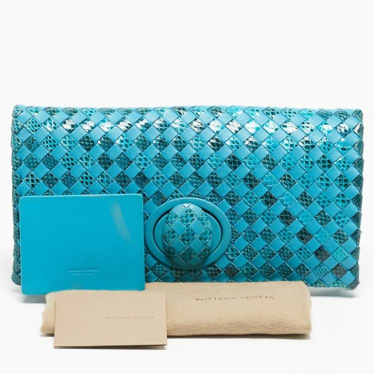Pre Owned Bottega Veneta Light Blue Intrecciato Leather and Watersnake Twist Lock Flap Clutch